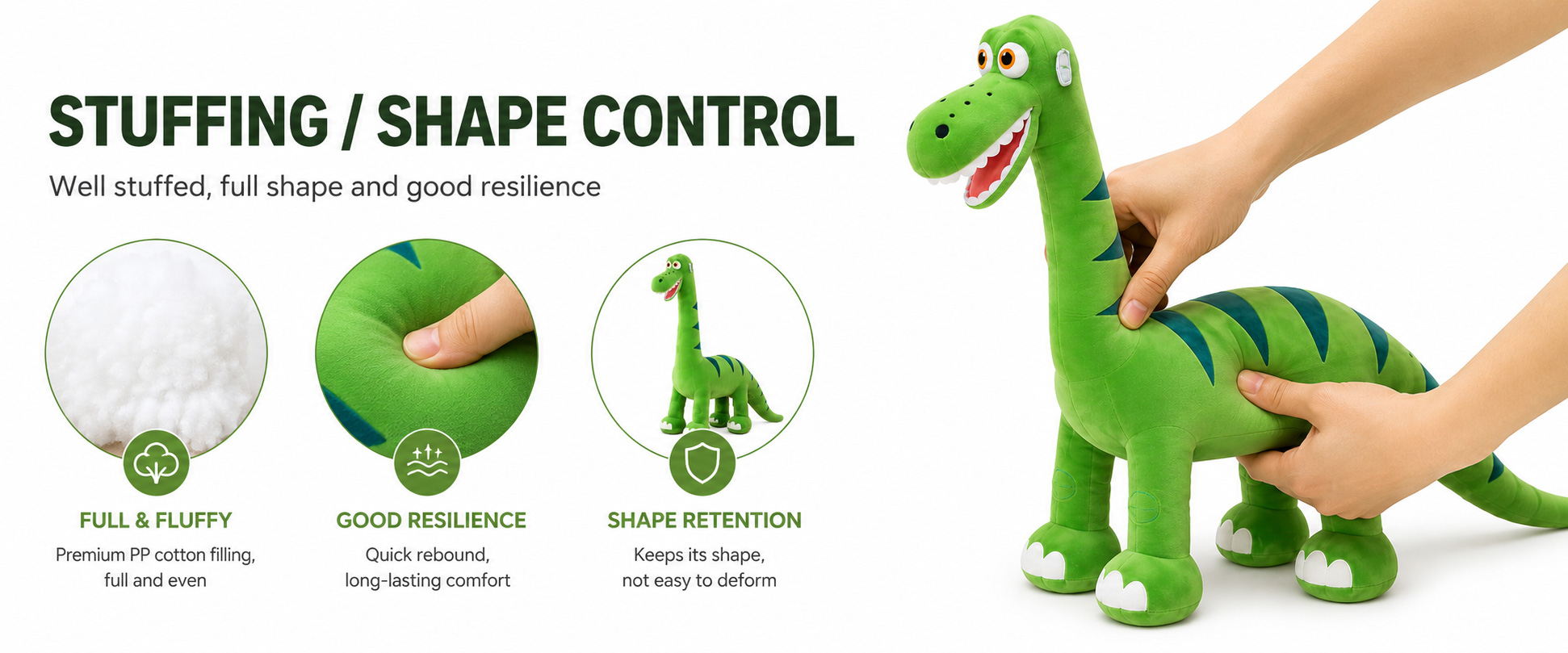 Materials and Craftsmanship

As a dinosaur plush toy manufacturer, we focus on soft fabric selection, large plush shape control, balanced filling, and clean finishing.