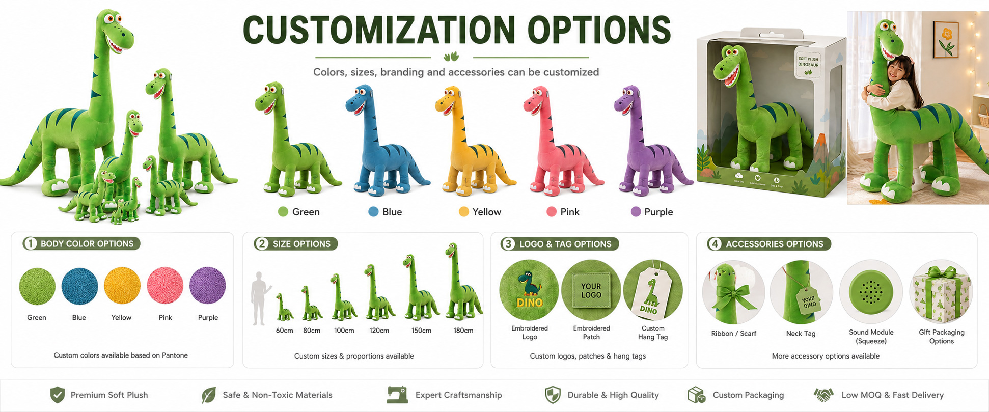 Dinosaur Style	Giant T-Rex Plush, Cartoon Dinosaur, Realistic Dinosaur, Baby Dinosaur, or Custom Dinosaur Character
Size	Large Plush, Giant Plush, Display-Size Plush, Kids Hugging Plush, or Custom Dimensions
Fabric Choice	Soft Plush, Super Soft Plush, Short Plush, PV Fleece, Polyester Plush, or Other Soft-Touch Materials