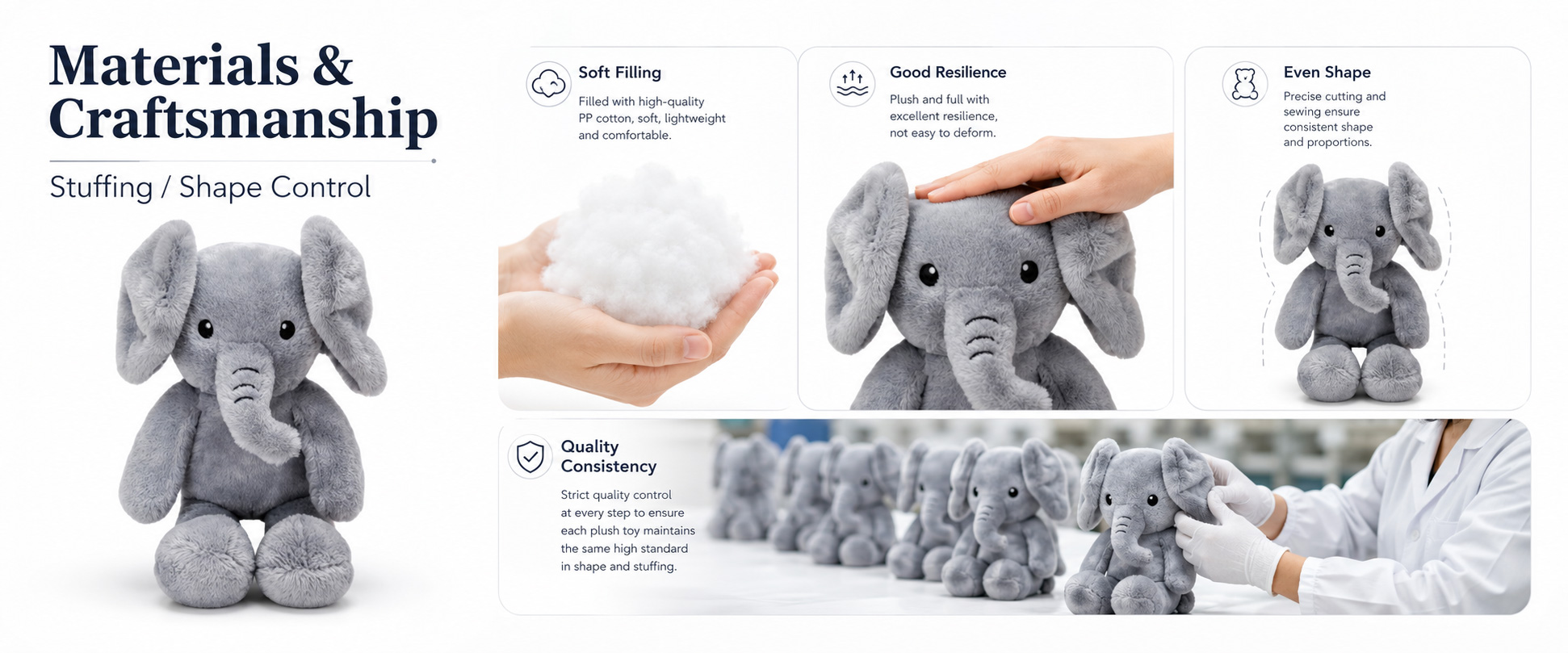 Materials and Craftsmanship For a Moving Ears Plush Elephant, soft fabric, accurate elephant shape, stable ear movement, secure stitching, and balanced filling are important.