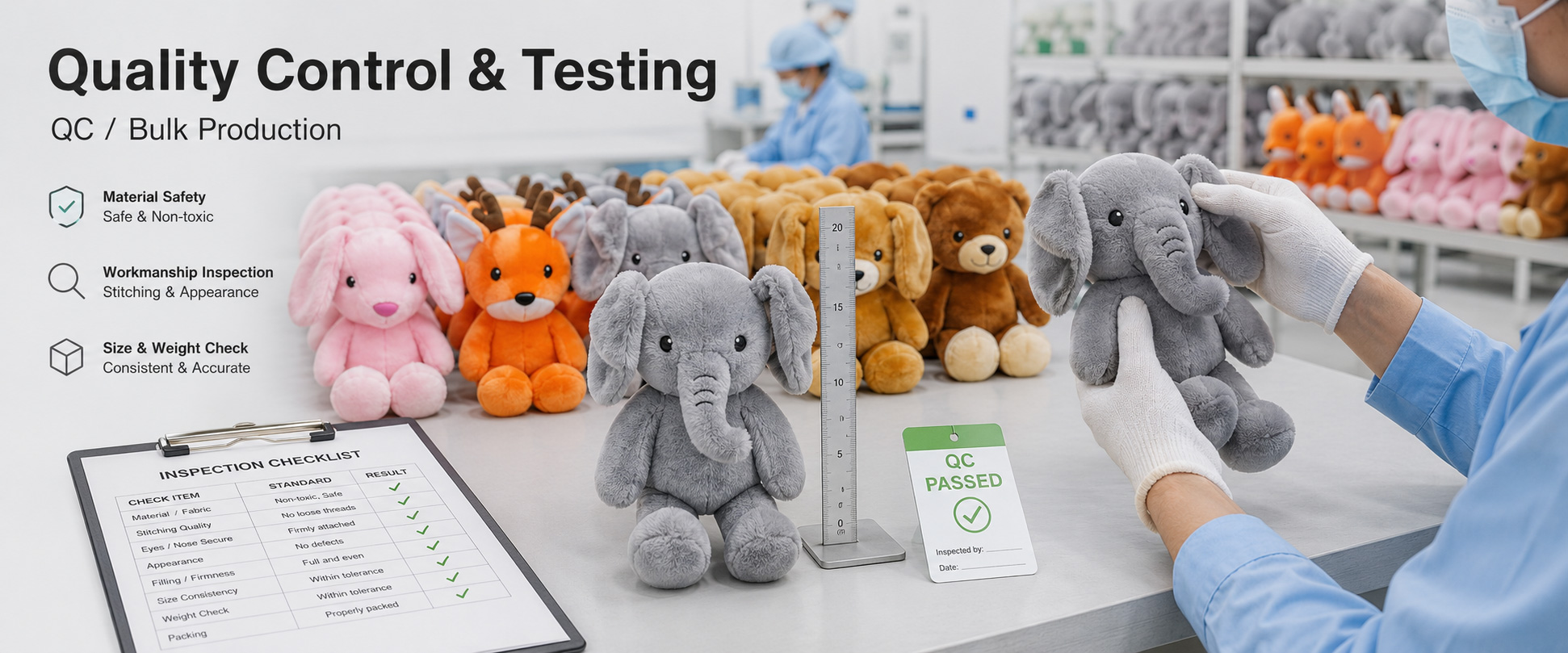 Material Check Fabric softness, color consistency, texture, smell, and material quality Shape Check Elephant shape, ear size, trunk position, body balance, size accuracy, and overall appearance Movement Check Airbag press response, moving ears function, mechanism stability, and buyer-approved performance