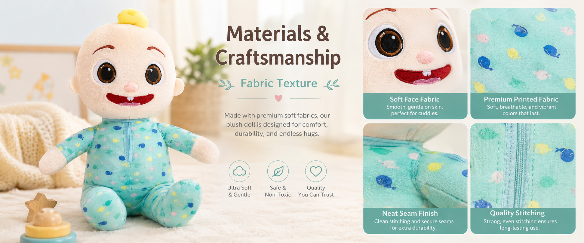Materials and Craftsmanship

For a Low MOQ Custom Plush Toy, soft fabric, clean stitching, balanced filling, and gentle design details are important.