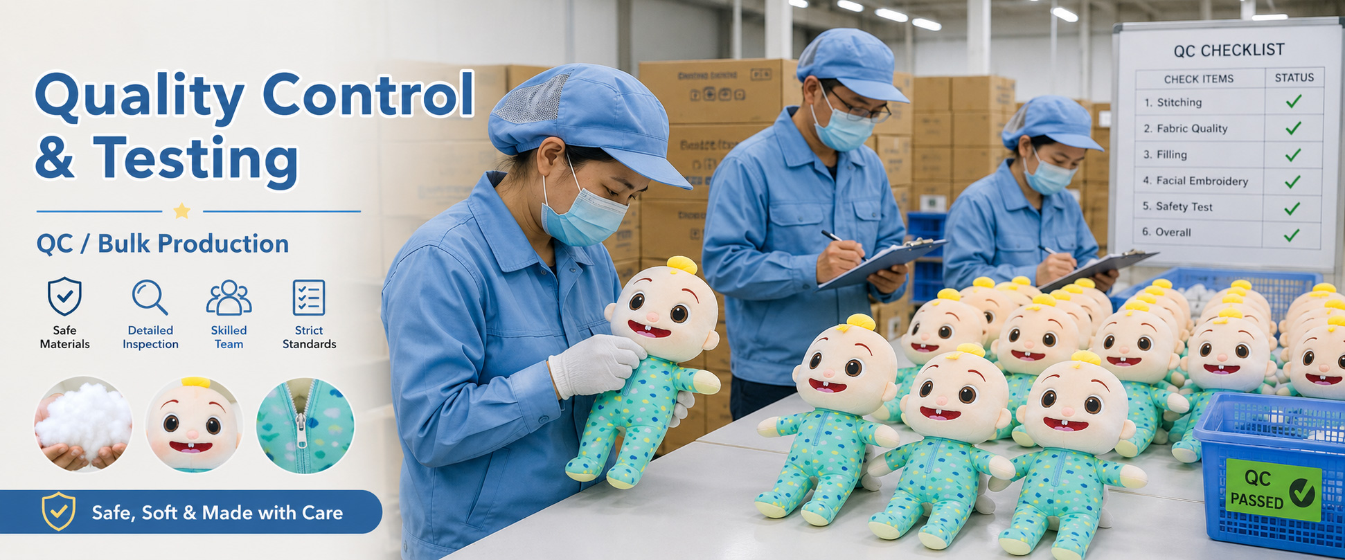 Material Check	Fabric softness, color consistency, texture, and material quality
Sample Review	Plush doll shape, baby gift style, face expression, size, color matching, and overall appearance
Sewing Check	Stitching quality, seam strength, edge finishing, and plush toy structure