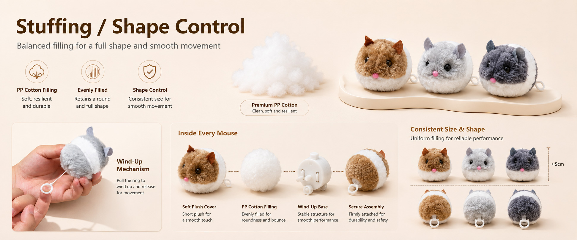Materials and Craftsmanship

For a Pull Wire Plush Mouse Toy, soft fabric, compact mouse shape, stable movement mechanism, secure stitching, and balanced filling are important.
