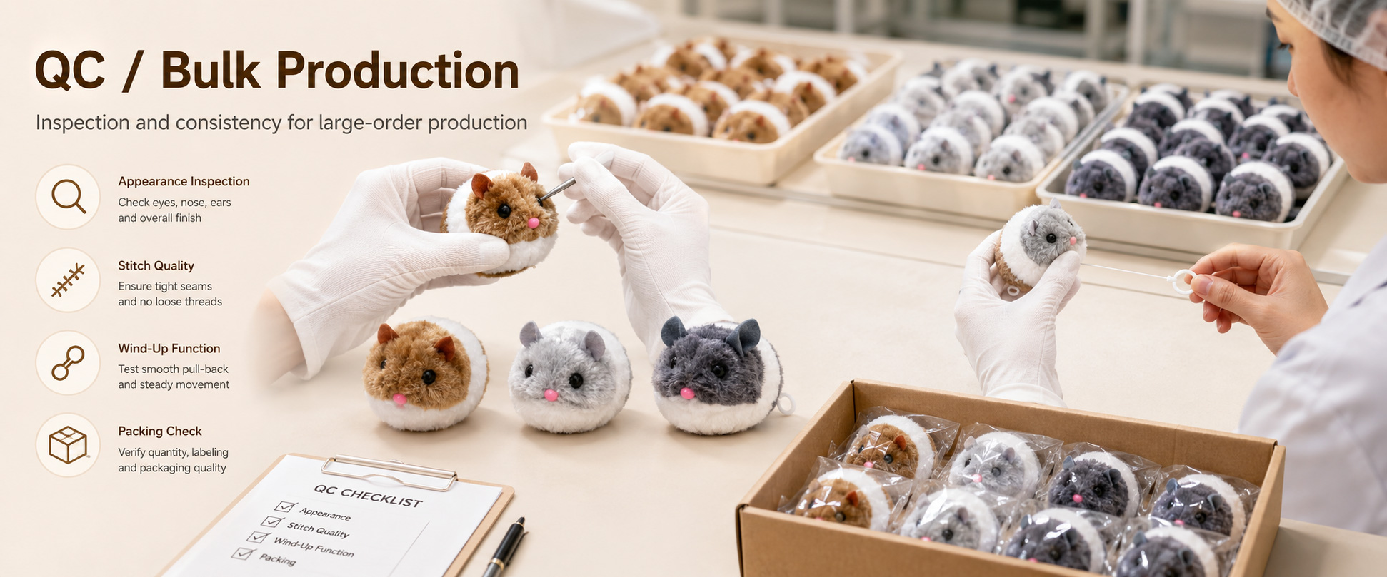 Material Check	Fabric softness, color consistency, texture, smell, and material quality
Shape Check	Mouse shape, ear size, tail position, body size, stitching alignment, and overall appearance
Movement Check	Pull wire response, shaking movement, vibration effect, mechanism stability, and buyer-approved performance