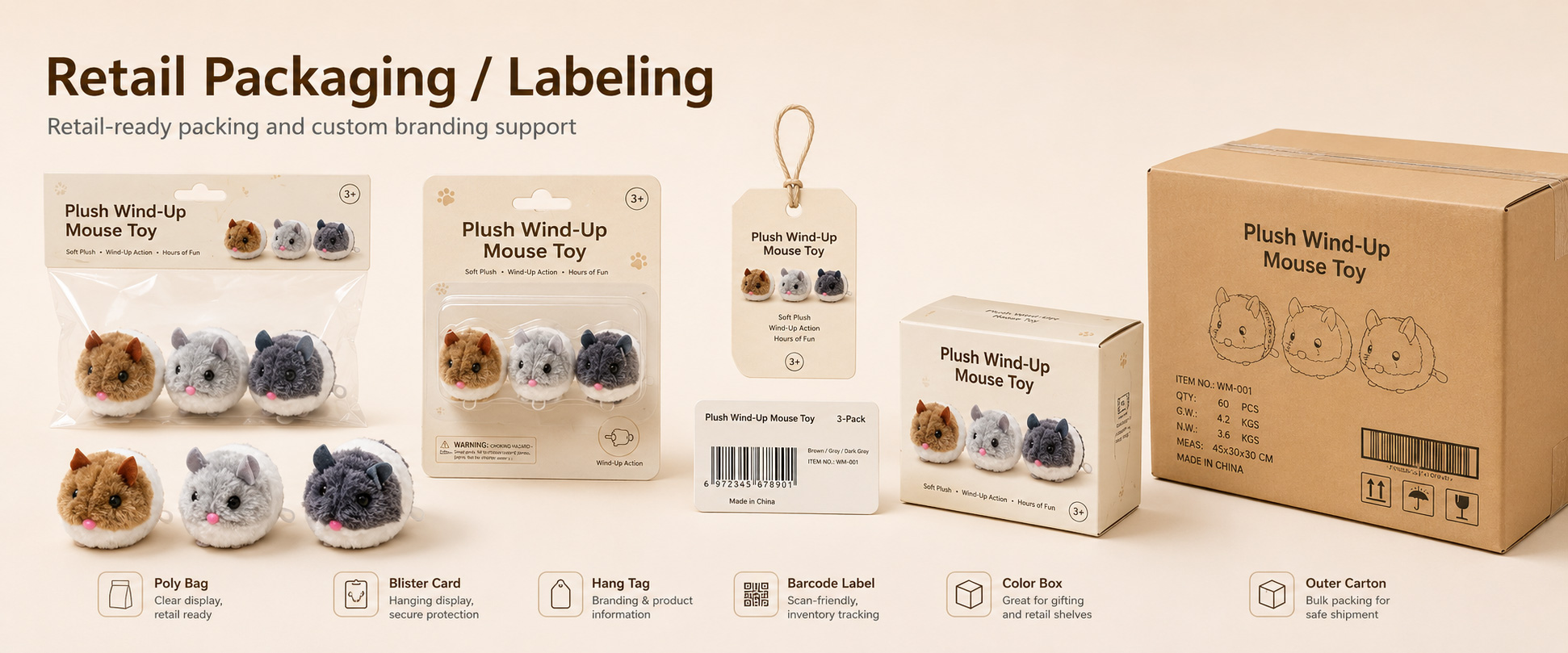 Individual Poly Bag	Protects each plush mouse toy during storage, shipping, and wholesale handling
Header Card	Suitable for hanging retail displays, pet product shelves, and small toy collections
Care Label	Shows material information, care instructions, mechanism notes, age grade, and product details