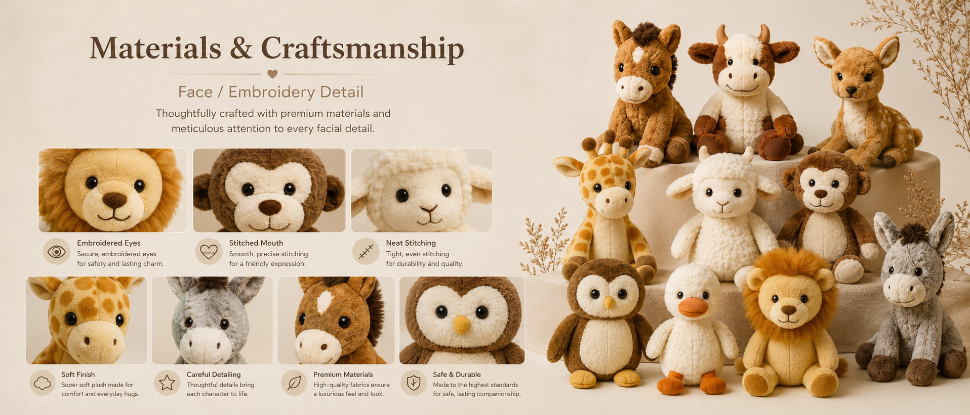 Materials and Craftsmanship As a custom plush toy manufacturer, we focus on soft hand feel, clean sewing, balanced filling, and stable animal shape.