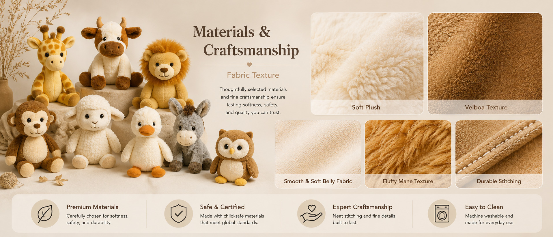 Materials and Craftsmanship As a custom plush toy manufacturer, we focus on soft hand feel, clean sewing, balanced filling, and stable animal shape.