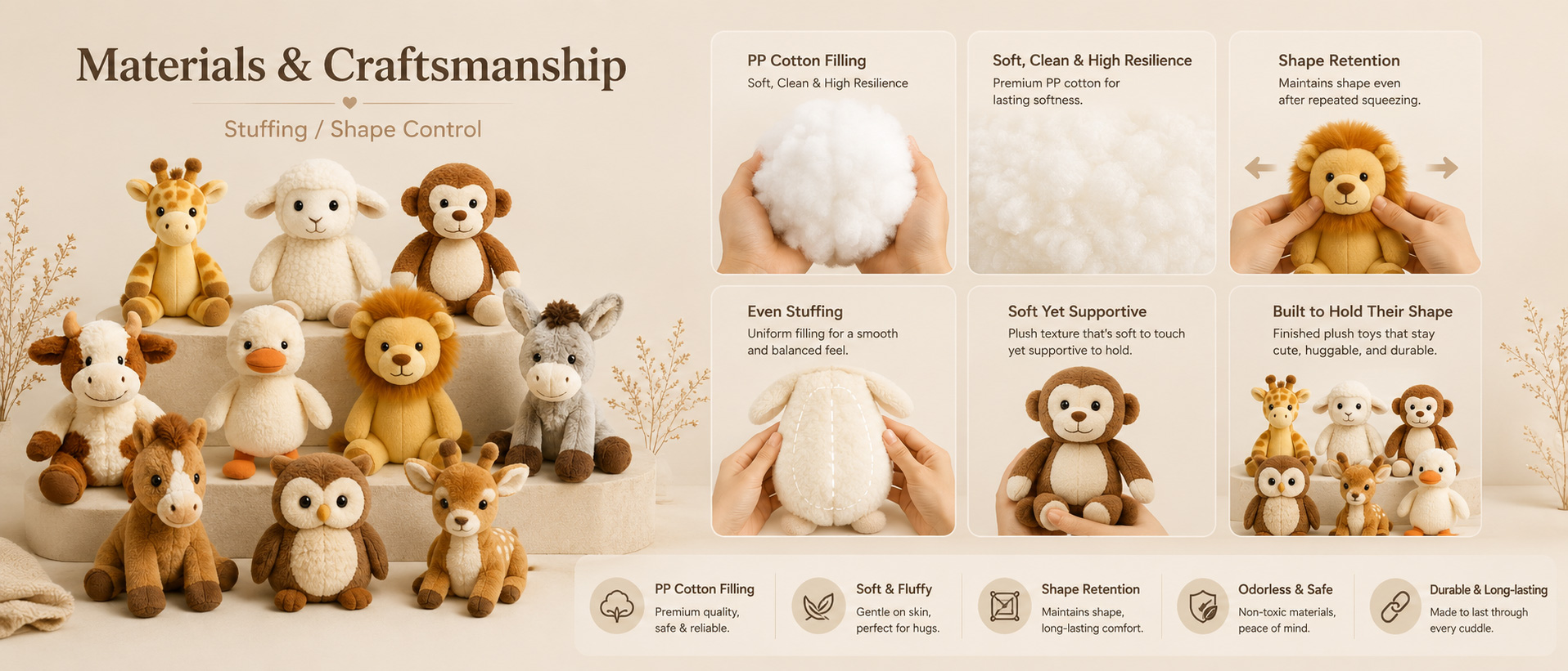 Materials and Craftsmanship As a custom plush toy manufacturer, we focus on soft hand feel, clean sewing, balanced filling, and stable animal shape. Materials and Craftsmanship As a custom plush toy manufacturer, we focus on soft hand feel, clean sewing, balanced filling, and stable animal shape.