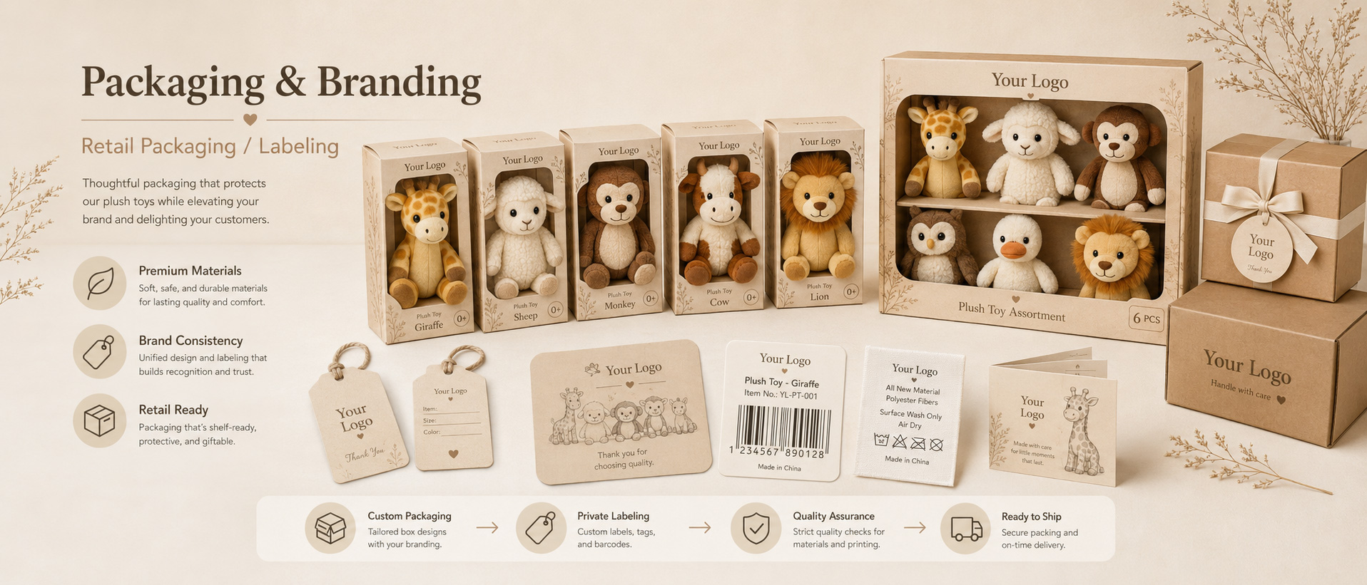 Individual Poly Bag Protects each plush toy during storage and shipment Kraft Paper Box Suitable for eco-style gift packaging and private label retail programs Recyclable Hang Tag Adds animal name, barcode, logo, product details, and brand information Individual Poly Bag Protects each plush toy during storage and shipment Kraft Paper Box Suitable for eco-style gift packaging and private label retail programs Recyclable Hang Tag Adds animal name, barcode, logo, product details, and brand information