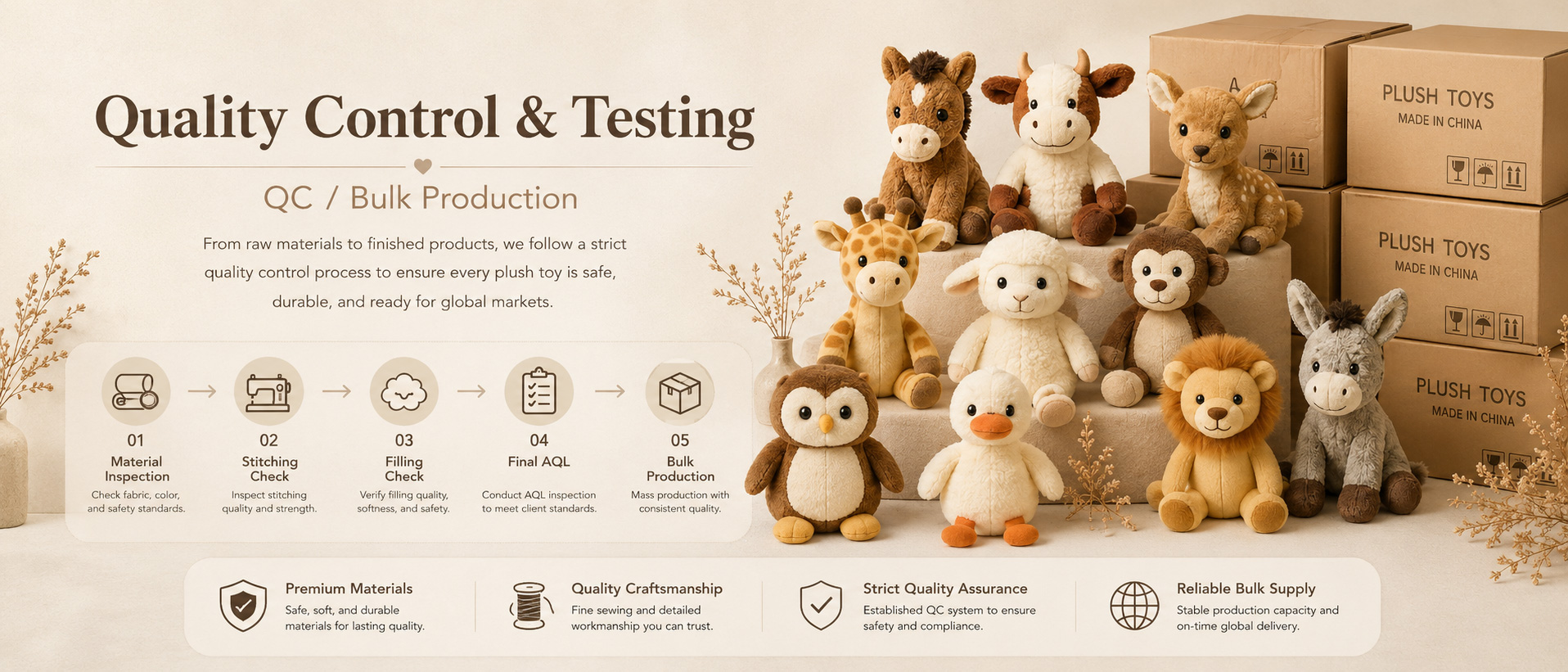 Material Check Fabric softness, texture, color consistency, and material quality Sample Review Animal shape, size, face design, body proportion, and overall appearance Sewing Check Stitching quality, seam strength, and product structure