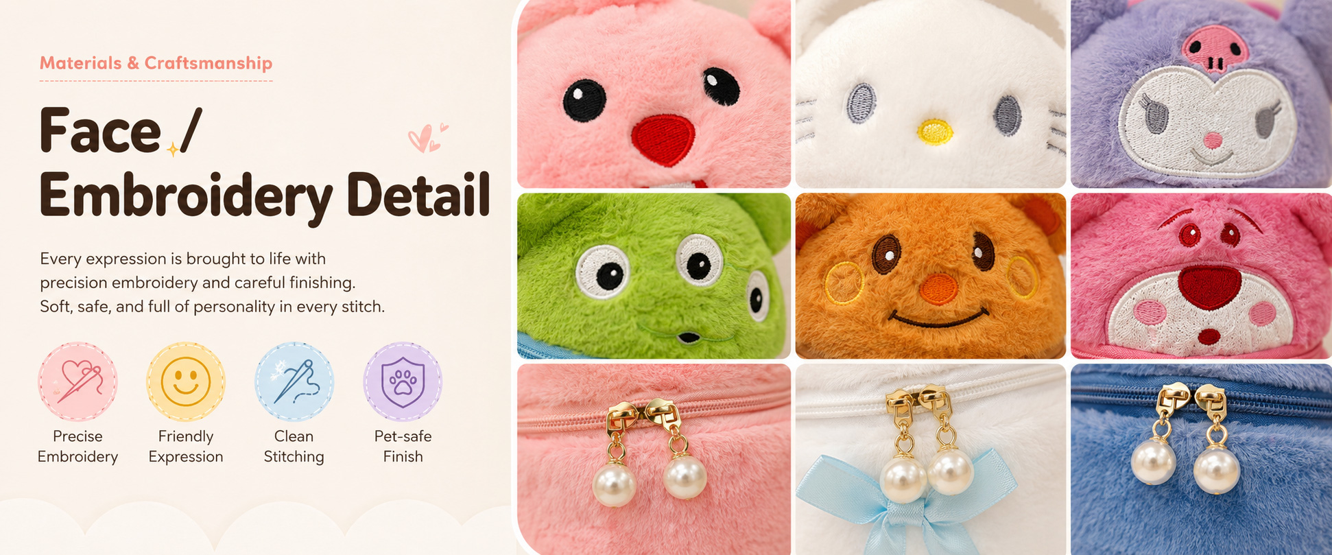 Materials and Craftsmanship For a Wholesale Plush Backpack Bag, soft plush texture, clean cartoon shaping, smooth zipper, stable strap attachment, and neat stitching are important.