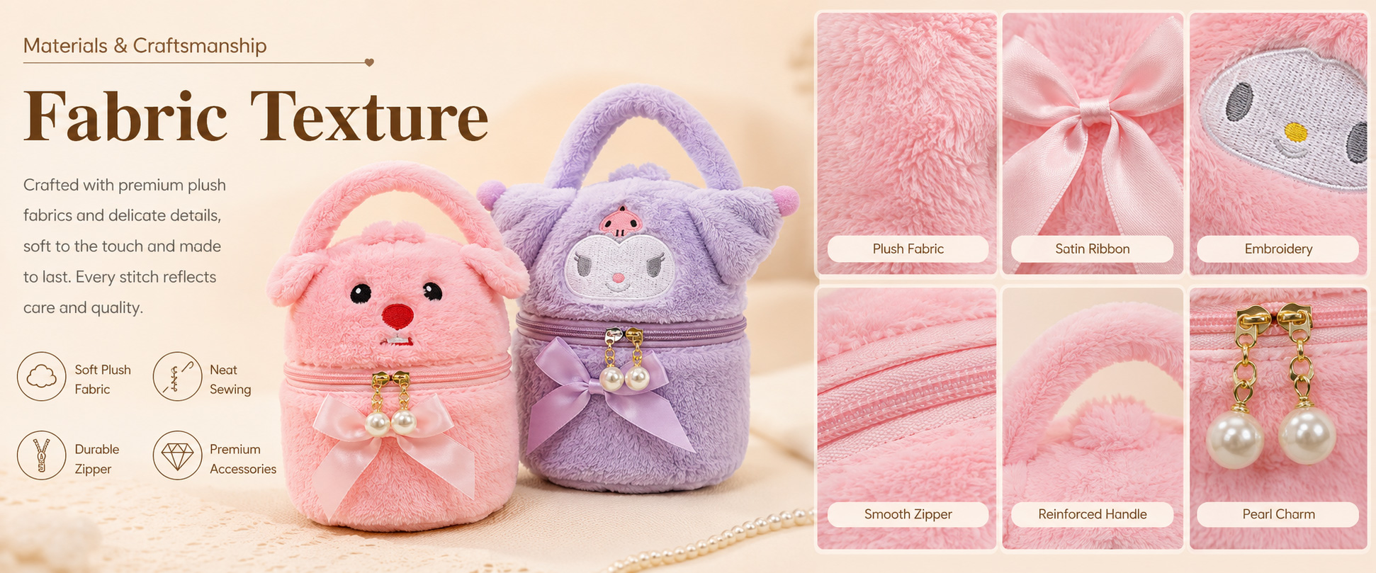 Materials and Craftsmanship For a Wholesale Plush Backpack Bag, soft plush texture, clean cartoon shaping, smooth zipper, stable strap attachment, and neat stitching are important.
