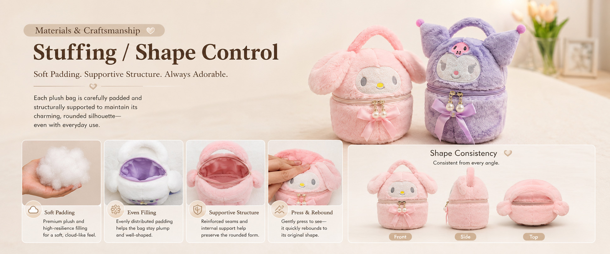 Materials and Craftsmanship For a Wholesale Plush Backpack Bag, soft plush texture, clean cartoon shaping, smooth zipper, stable strap attachment, and neat stitching are important. Materials and Craftsmanship For a Wholesale Plush Backpack Bag, soft plush texture, clean cartoon shaping, smooth zipper, stable strap attachment, and neat stitching are important.