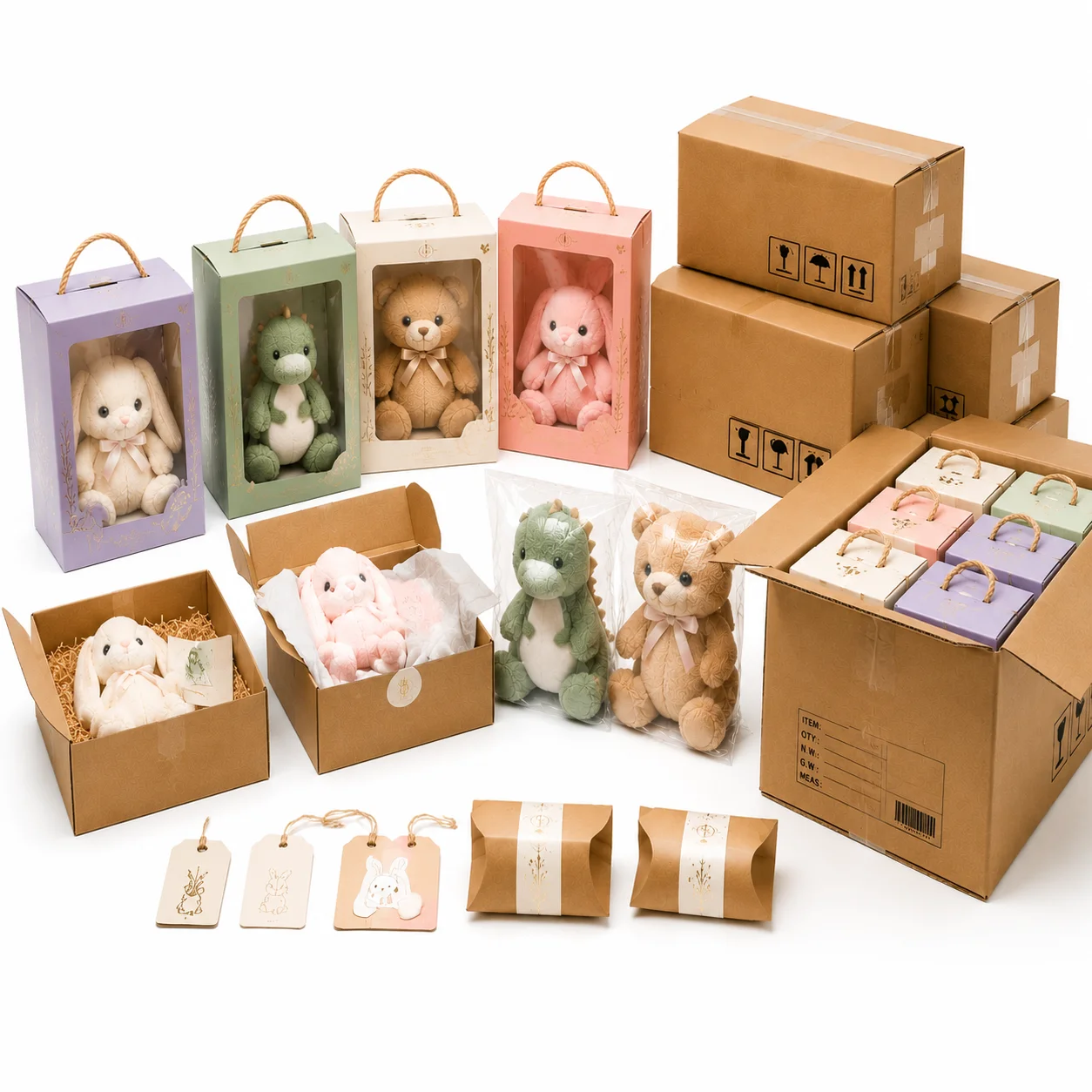 Final packaging preparation for custom plush toys before worldwide shipping