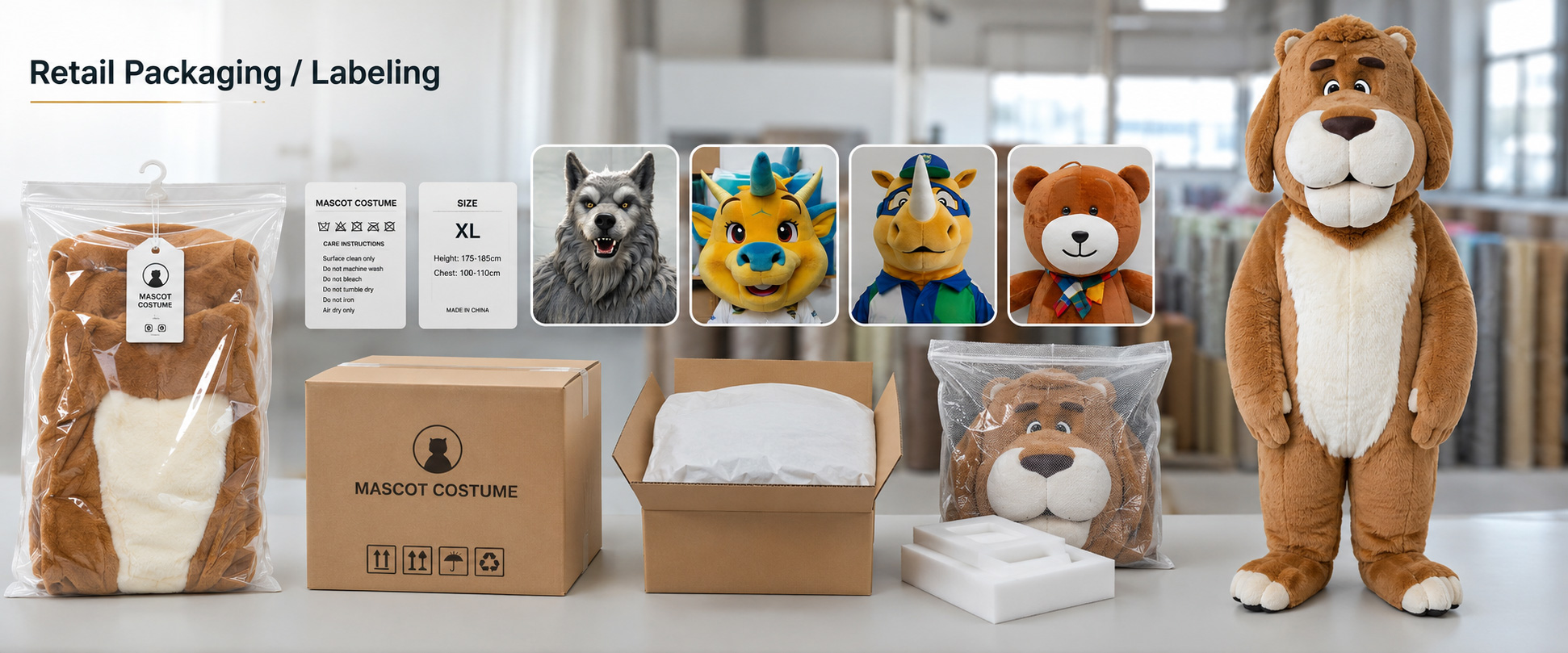 Individual Poly Bag Protects each mascot plush during storage and shipment Custom Hang Tag Adds mascot story, brand message, barcode, logo, campaign name, or retail details Gift Box Suitable for brand gifts, school gifts, team merchandise, and premium campaign packs