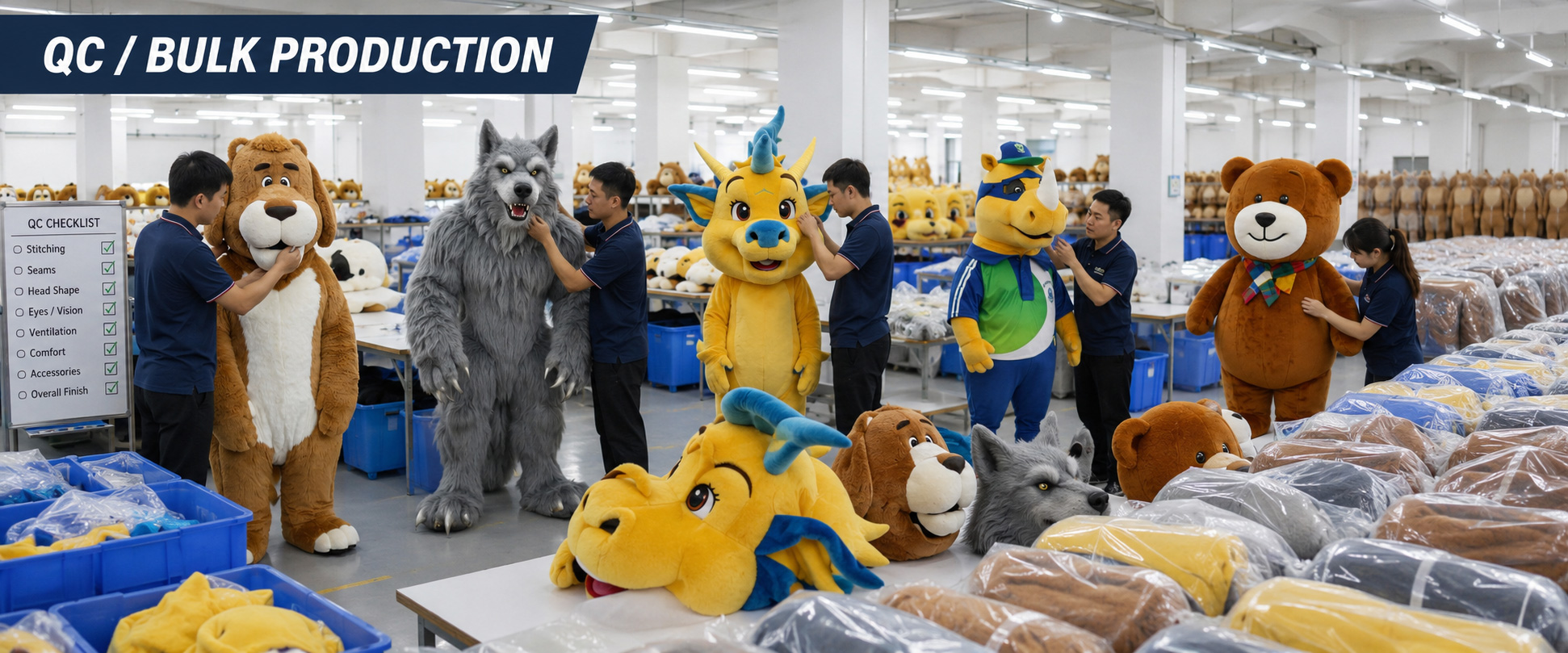 Artwork Matching Mascot shape, brand colors, logo position, character details, and overall design accuracy Material Check Fabric softness, color consistency, texture, and material quality Sewing Check Stitching quality, seam strength, edge finishing, and plush toy structure