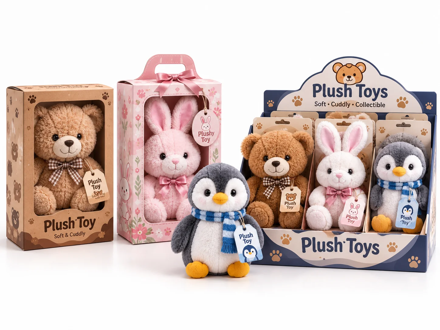 Retail-ready plush packaging designed for store shelves