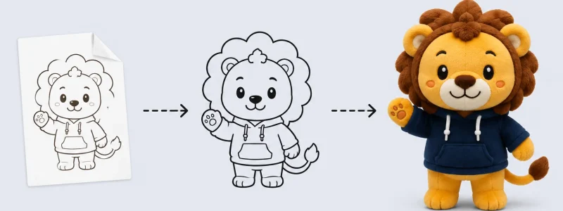 Custom plush toy development process from artwork sketch to finished mascot plush toy